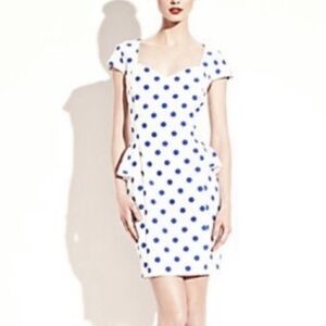 Betsey Johnson Vintage Blue White Polka Dot Peplum Sweetheart Neck Dress, Size 6